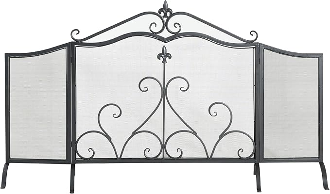 Christopher Knight Home Suho 3-Panel Iron Fireplace Screen, Foldable Fire Spark Guard with Wrought Metal Decorative Mesh, Arch Heavy Duty with Central Floral Pattern, 54" x 31.5", Black