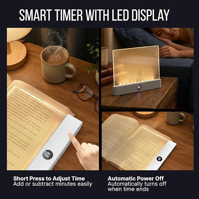 Book Reading Light Flat Screen Smart LED - Full Page Panel Lights for Books Reader in Bed at Night - Rechargeable Portable Dimmable Clear Study Lamp 3 Colors Timer for Bedside Travel (White)