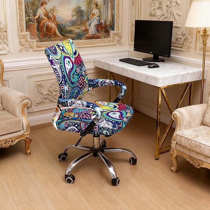Waterproof Office Chair Cover with Armrest Cover 18Inch Wide Stretch Printed Boho Small Desk Computer Chair Covers with Long Zipper Arm Slipcovers Washable