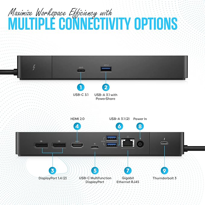 Dell WD19TBS Thunderbolt Dock - USB C Docking Station Dual Monitor with 180W AC Adap TER, HDMI Cable, DisplayPort Cable & Cleaning Cloth - Laptop & Computer Docking Station (Renewed)
