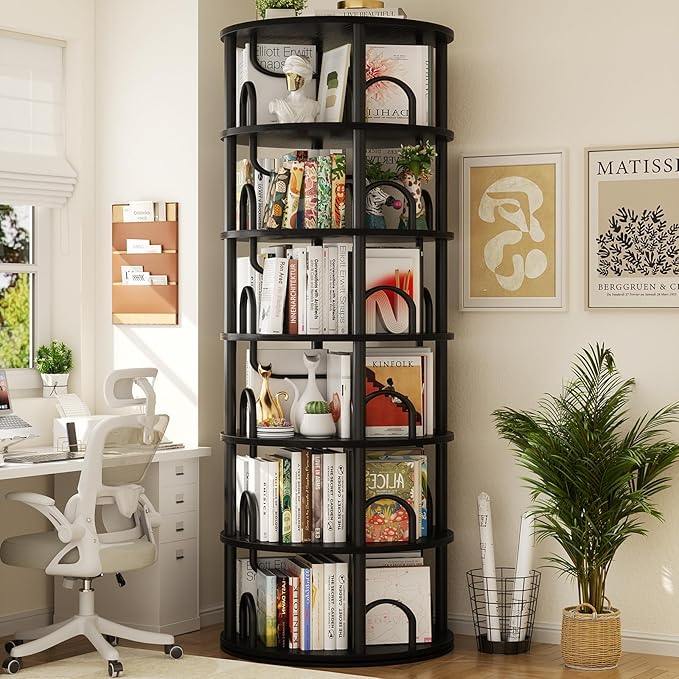 Aheaplus 6 Tier Rotating Bookshelf Tower, Revolving Bookcase, 360° Round Spinning Book Shelf, Narrow Swivel Bookshelves Vertical Rolling Turning Corner Bookshelf Organizer for Small Space, Black
