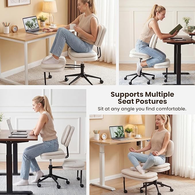 COSIEST Cross Legged Office Chair with Wheels, Ergonomic Kneeling Chair for Adults, Criss Cross Chair with Wide Seat, 360° Swivel Meditation Yoga Desk Chair, Adjustable Height, White