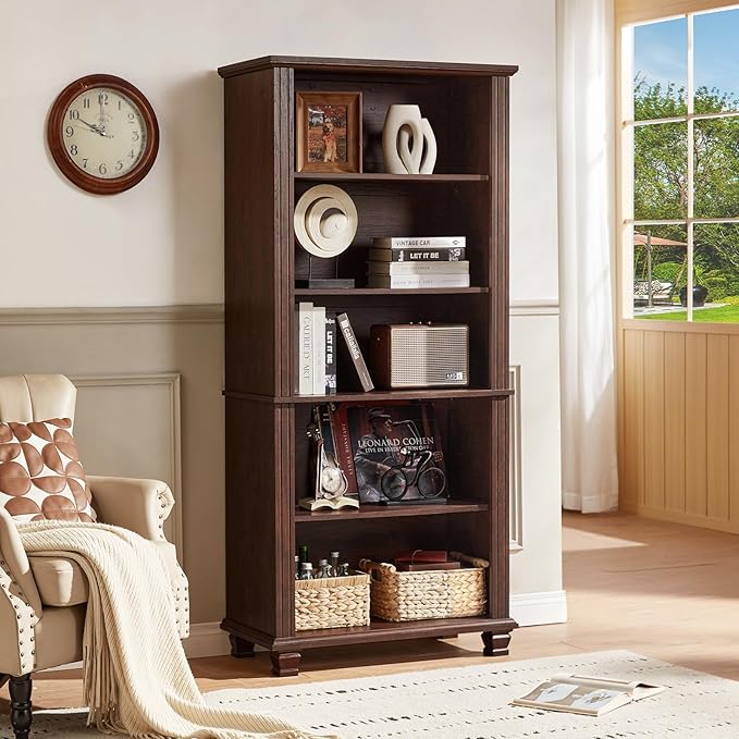 SAVOR LIFE 70" Tall Walnut Bookshelf,5 Tier Wooden Book Shelf with Adjustable Shelves & Wood Legs,Free Standing Farmhouse Bookcase with Open Display Storage,Vintage Bookshelves for Classroom, 2PCS