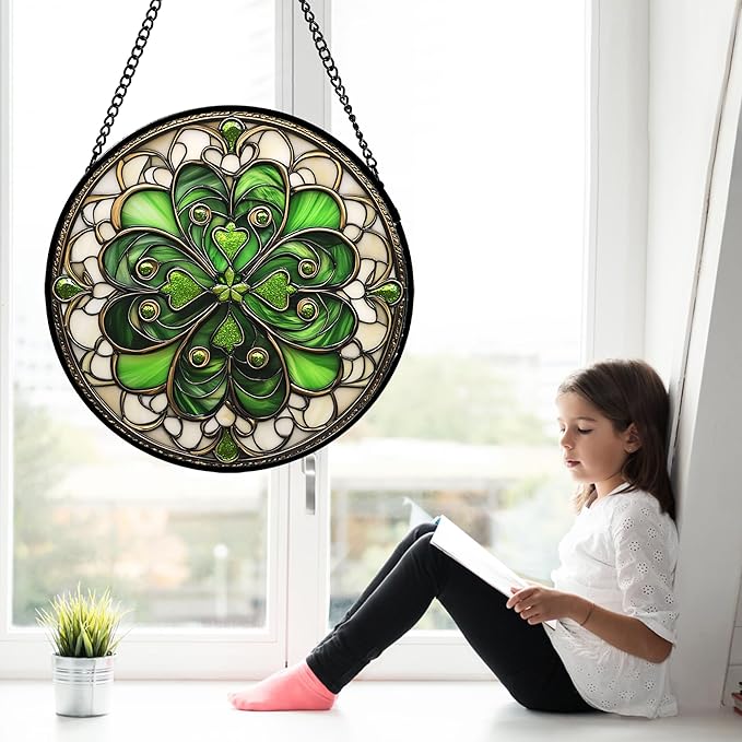DASTOLL Stained Glass Window Hanging St. Ripak Festival Green Lucky Clover 7.8" - Suncatcher Door Garden Sun Catcher Ireland Decor Mother's Day for Mom Woman Her Men Sisters