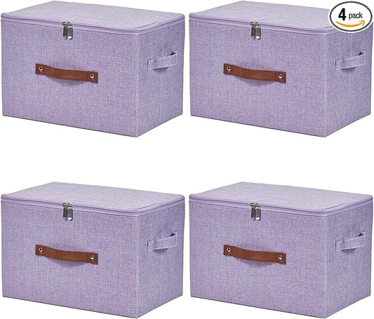 4 Pack Storage Bins with Zipper Lid Cotton Linen Fabric Lidded Storage Baskets Boxes Foldable Washable Closet Shelf Clothes Organizer Container with PU Leather Handles (Purple, Large)