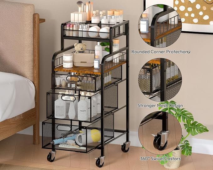 SWTYMIKI Office Rolling Cart with 3 Drawers - Metal Utility Cart with Wood Shelf, DIY Divider and Locking Wheels, Craft & Art Cart Organizer for Under Desk Storage for Home Office Studio, Espresso