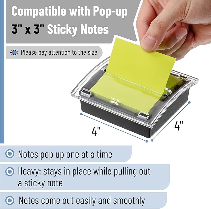 Mr. Pen- Pop Up Note Dispenser, 3" x 3", 4 Pack, Black Base, Clear Top, Sticky Note Dispenser, Sticky Note Holder for Desk
