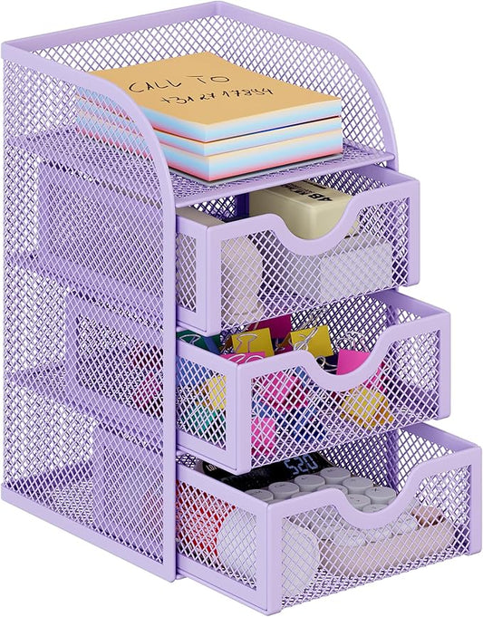 EasyPAG Mesh Desk Organizer with 3 Drawer Office Desktop Organizers and Accessories Stationery Caddy for Office, Home, Students, Purple