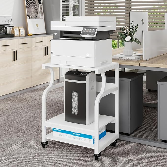 Natwind Large Printer Stand, 24''x20''x29'' Printer Table with Adjustable Storage Shelf, 3 Tier Rolling Cart with Wheels, Multifunctional Home Office Shelves for Heat Press, 3D Printer (White)
