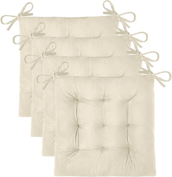 OVOV 4 Pack Chair Cushions for Dining Chairs Soft Seat Cushions for Kitchen Desk Chairs Square Chair Pads with Ties (15.5"x15.5" Cream)