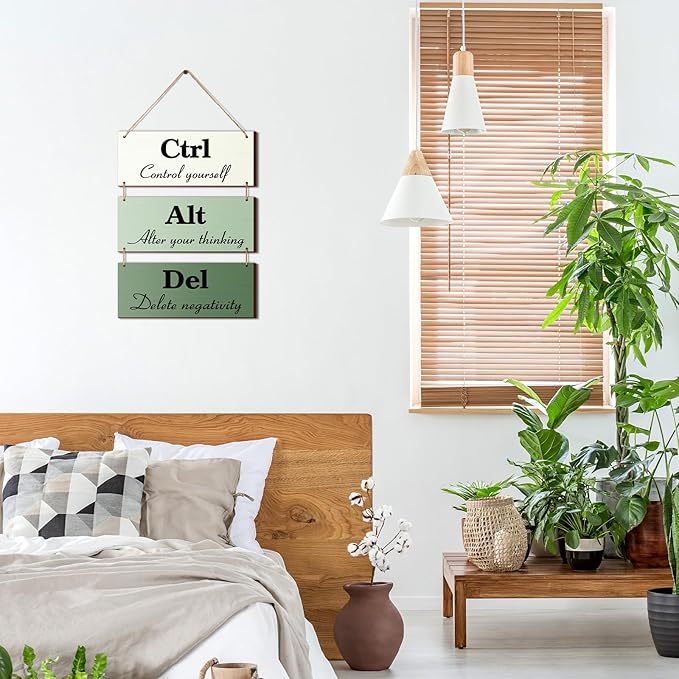 Qunclay 3 Pcs Office Wall Decor Green Wood Rustic Hanging Cubicle Decor Summer Inspirational Ctrl Alt Del Sign Decoration for Bathroom Indoor Home Living Room