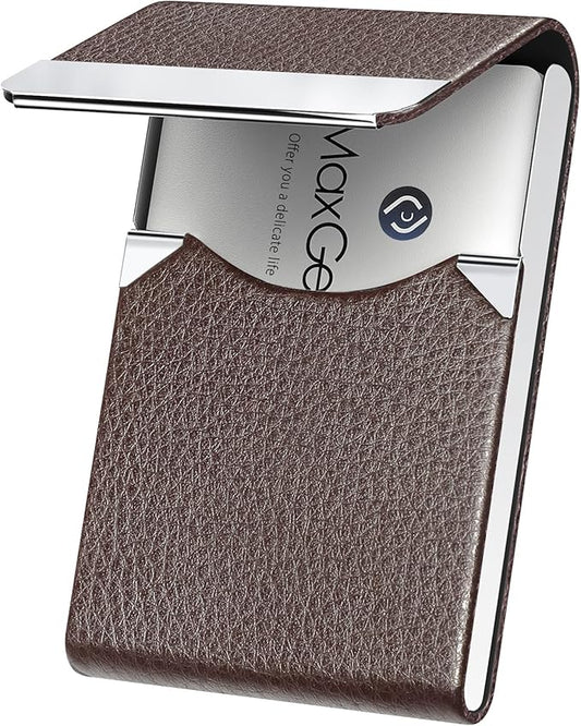 MaxGear Business Card Holder, Slim PU Leather & Stainless Steel Business Card Case for Men & Women, RFID Blocking Name Card Holder with Magnetic Closure, Coffee