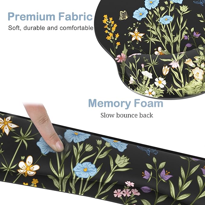 Ergonomic Mouse Pad with Wrist Rest and Keyboard Wrist Rest, Memory Foam Wrist Rest for Computer Keyboard, Easy Typing, Pain Relief, Black Mouse Pad Wrist Support for Gaming,Office, Laptop, Floral