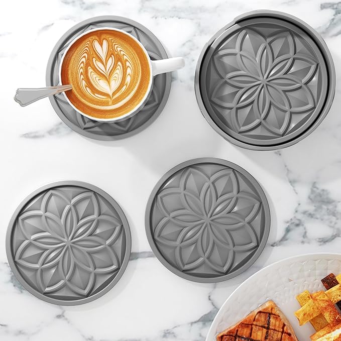 HFHOME Silicone Coasters Set for Drinks - 6 Pack With Holder, Table Cup Mat for Coffee Table, Desk, Bar - Home Decor Tabletop Protection Gift - Gray