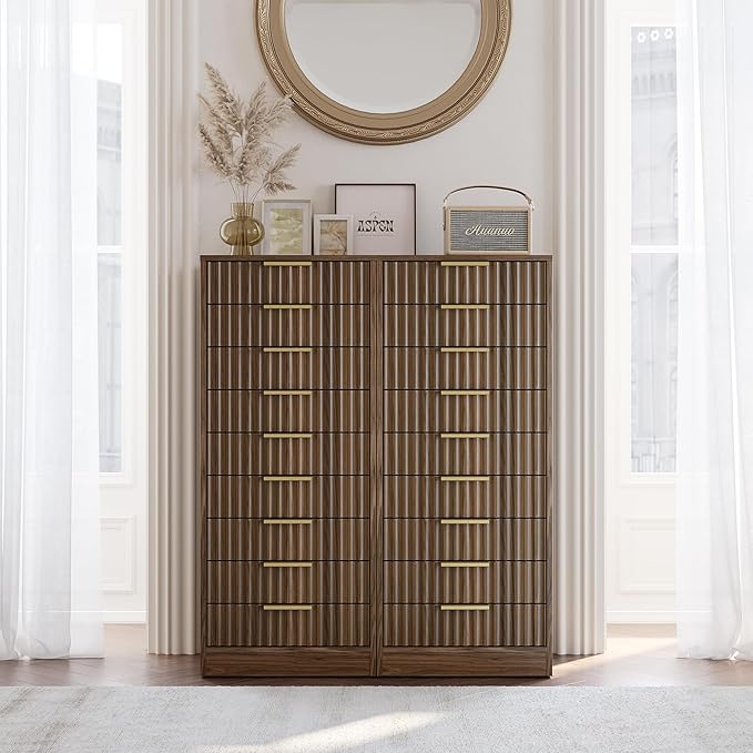 9 Drawer File Cabinet, Wooden Office Cabinet with Drawers, Fluted Storage Filing Drawer for Home Office, Black Walnut