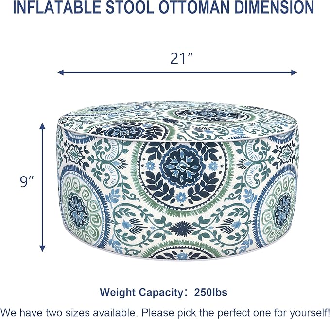 Outdoor Patio Inflatable Ottoman, 21x9 Inch Portable Stool Ottoman with Handle, Round Footrest Stool for Home Garden Camping, Celadon Wreath