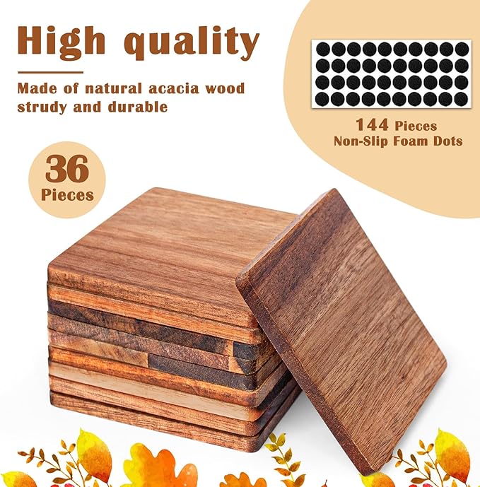 36 Pieces Unfinished Wood Coasters, 4 Inch Square Acacia Wooden Coasters for Crafts with Non-Slip Silicon Dots for DIY Stained Painting Wood Engraving Home Decoration