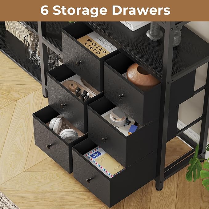 HAUOMS Corner Bookshelf, 6 Tier Industrial Convertible Bookshelf with 6 Fabric Drawers, Corner Bookcase Large L Shaped Storage Display Shelf for Home Office, Living Room, Kitchen, Black