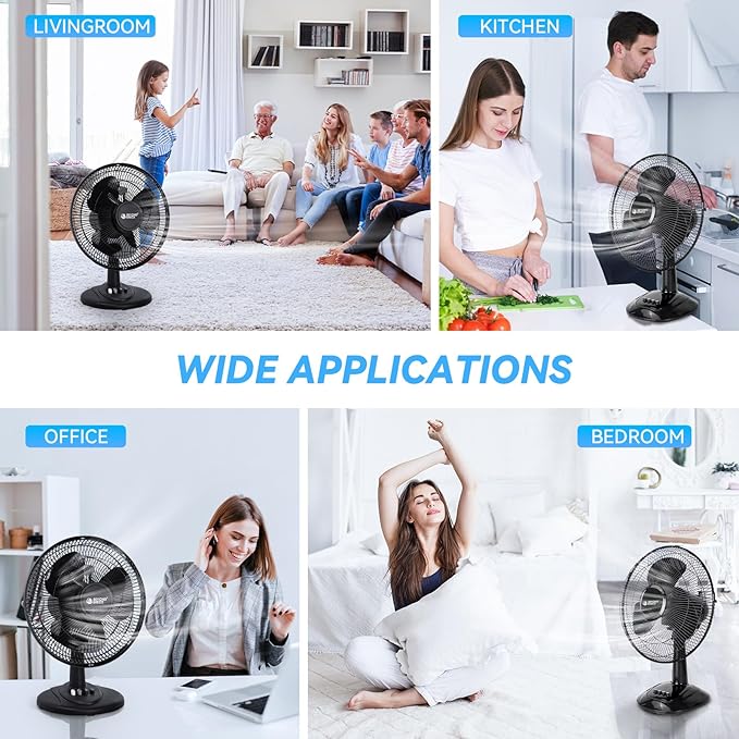 BEYOND BREEZE Oscillating Table Fan Quiet 3-Speed 12-Inch Adjustable Tilt Fan with Safety Grill, Ideal for Home, Office, Dorm, Black