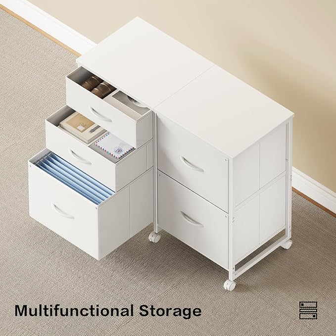 YeTom Lateral File Cabinet with 5 Drawers Rolling Filing Cabinets Under Desk Storage Printer Stand with Wheels,Mobile File Cabinet for Home Office,White