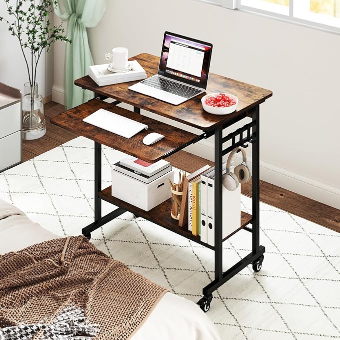 Giantex Rolling Computer Desk, Mobile Portable Desk with Keyboard Tray & Wheels, Laptop PC Table Cart with Shelf & Hooks, Industrial Small Desk for Small Spaces, Home Office, Bedroom, Rustic Brown