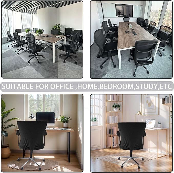 4 Pcs Office Chair Cover Set with 4 Extra Elastic Straps Universal Protective Office Chair Covers Stretchable Desk Chair Cover Office Armrest Cushion Backrest for Rotating Chair (Black)