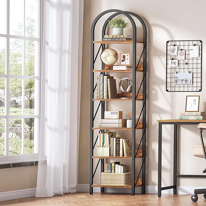 HOOBRO Bookshelf, 6-Tier Arched Bookshelf, Industrial Bookcase with Metal Frame, Tall Book Shelf Storage Organizer for Living Room, Office, Bedroom, Rustic Brown and Black BF426SJ01