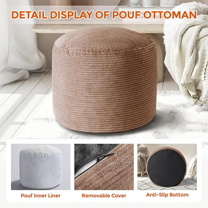 26" x 26" x 18" Pouf Ottoman Foot Rest, Pre-Stuffed Round Foot Stool with Odorless Shredded Memory Foam, Furry & Fluffy Corduroy Footrest for Living Room, Brown