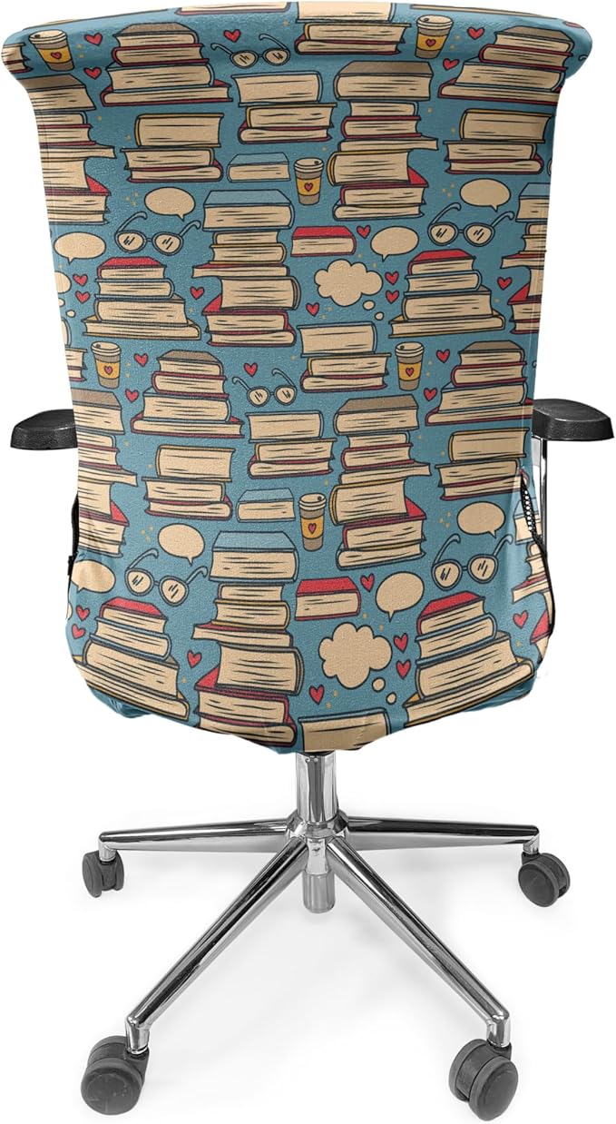 Ambesonne Geek Office Chair Cover, Repeating Pattern with Stack of Books Combined Hearts Coffee and Nerd Glasses, Stretchable Decorative Universal Size High Back Printed Slipcover, Multicolor Cream