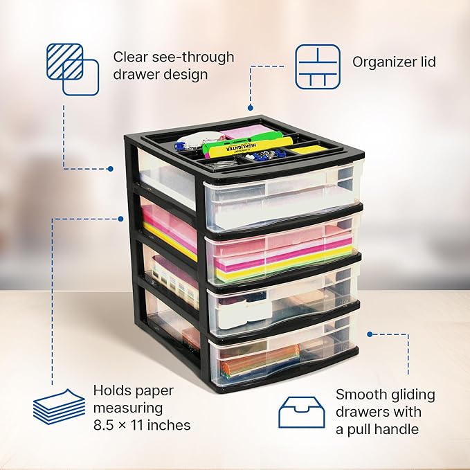 Gracious Living 4 Drawer Desktop & Countertop Organizer w/Organization Lid for Craft Storage, Office Supplies & School Supplies, Black/Clear (4 Pack)