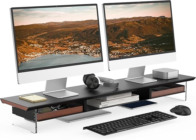 Fenge 42.5” Dual Monitor Stand with 2 Drawers, Metal Wood Monitor Riser with Acrylic Legs, 2-Tier Desktop Shelf Storage Organizer for Computer, Laptop, Printer, TV, Black