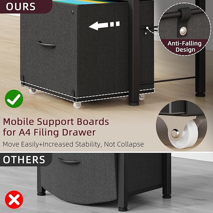HIGDBFE 2-Drawer File Cabinet, Filing Cabinet with 2-Tier Printer Shelves, Office Cabinets with Side Bag&File Drawer for A4/Letter Size, Printer Stand with Storage for Home Office, Black, 16.5" W