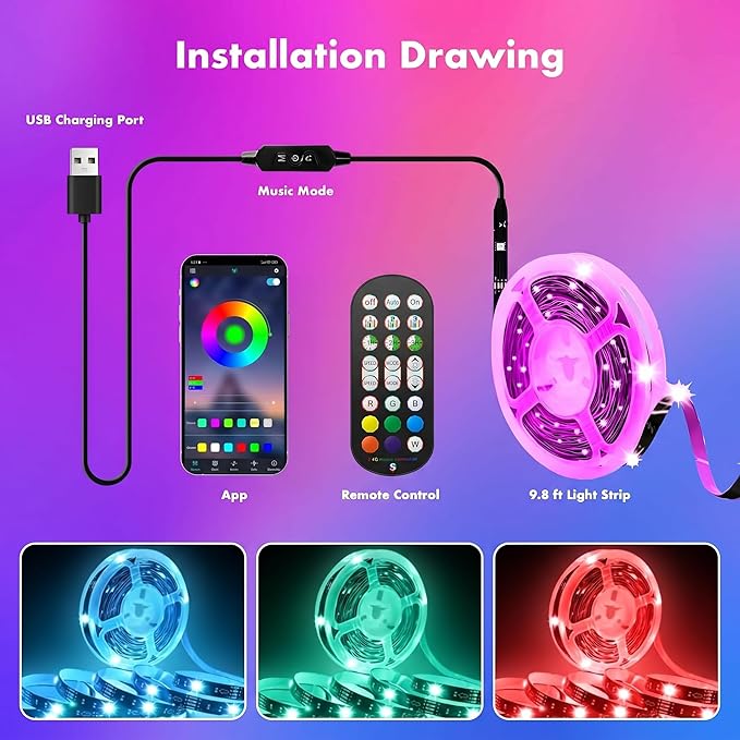TV LED Backlight, RGB TV Backlight for 32-43 inch TVs,Smart APP Remote Control,Music Sync Color Changing Strip Lights,Led Strip Lights for Bedroom,Gaming,Kitchen,Living Room