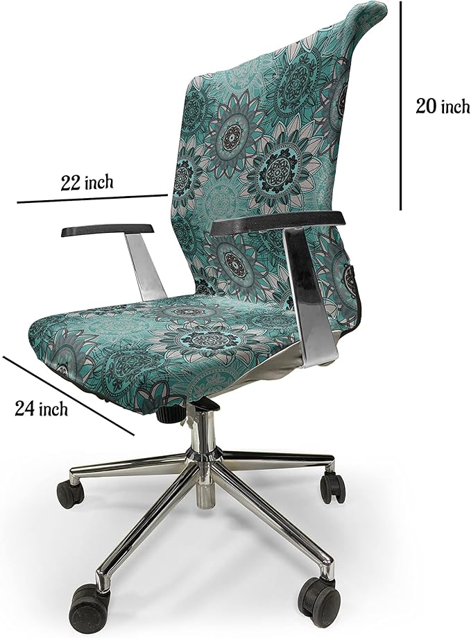 Ambesonne Mandala Office Chair Cover, Hippie Oriental Abstract Motifs Traditional Round Spring Inspired Design, Stretchable Decorative Universal Size High Back Printed Slipcover, Turquoise Black