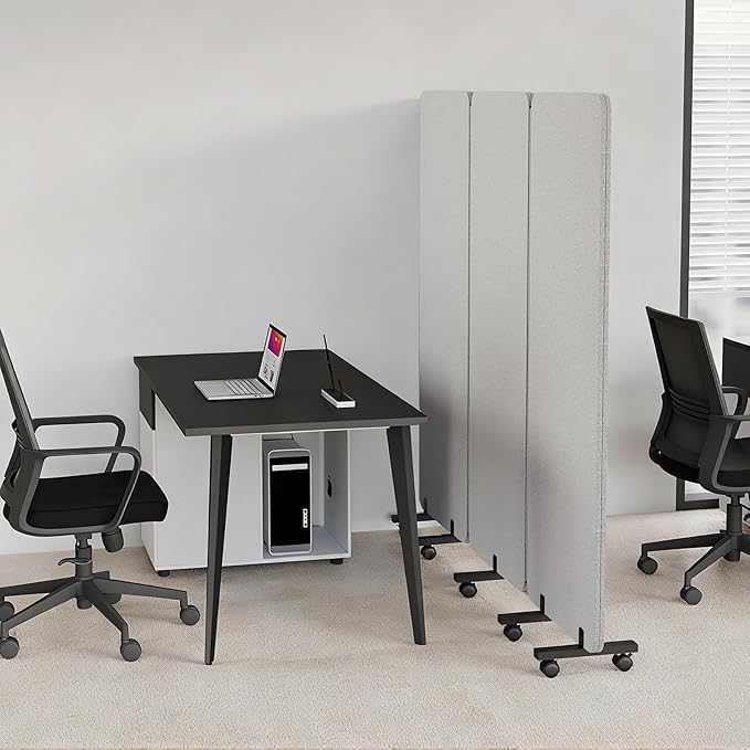 3 Panel Foldable Office Partitions, Mobile Cubicle Wall with Wheels, 71 x 66 Inch Noise Cancelling & Sound Proof Room Dividers Partition Wall, Aluminum Frame Gray