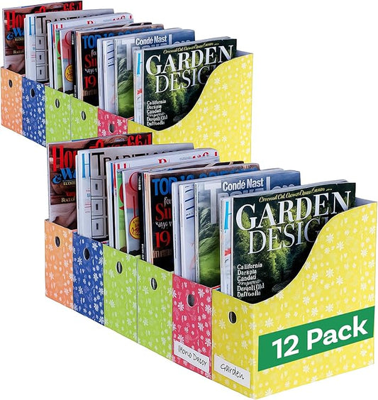 Evelots Magazine File Holder - Set of 12 Floral - Office Desk Organizer - Sturdy Cardboard - New Upgraded Double Front Panel for More Stability - Full 4 Inch Wide - Easy Assemble