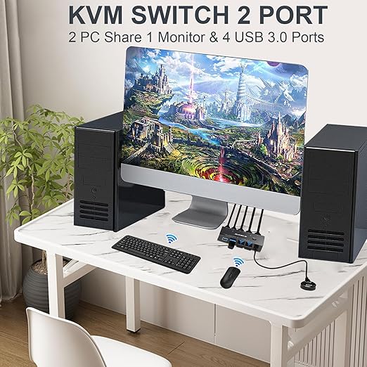 KCEVE HDMI2.1 KVM Switch 2 Computer 1 Monitor 8K@60Hz, KVM Switch HDMI 2 Port with 3 USB3.0, Wired Remote and Power Adapter (8K HDMI 2 in 1 Out KVM)