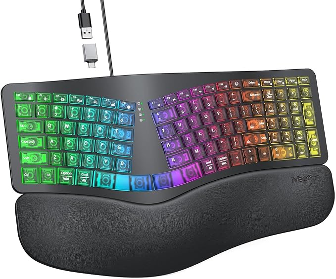 MEETION Ergonomic Keyboard Wired, 7 Colors Transparent Backlit, 4 Brightness, 1 RGB Breathing Backlit, Comfortable Wrist Rest Cushion, USB-A/USB-C Adapter Ergo Keyboard for Windows Mac Computer Laptop