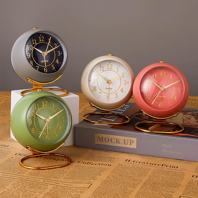 rjuwurv Metal Desk Clock, Retro Bedroom Table Vintage Analog Alarm Clock, Silent Non-Ticking Gold Clock, Bedside Décor(Olive-Green)