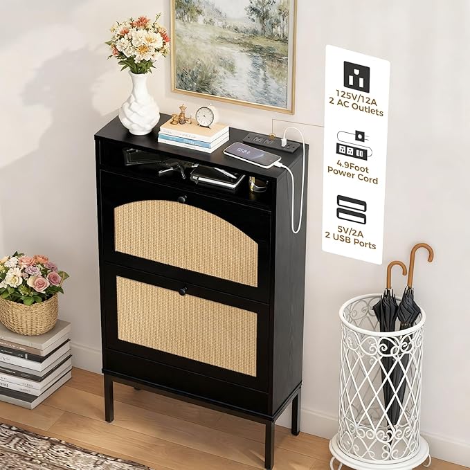 LUCKLIFE Shoe Cabinet with Charging Station, Flip Down Shoe Storage Organizer with Adjustable Shelves, Hidden Slim Shoe Rack with Anti-Tip Kit for Entryway or Hallway, Black Wood