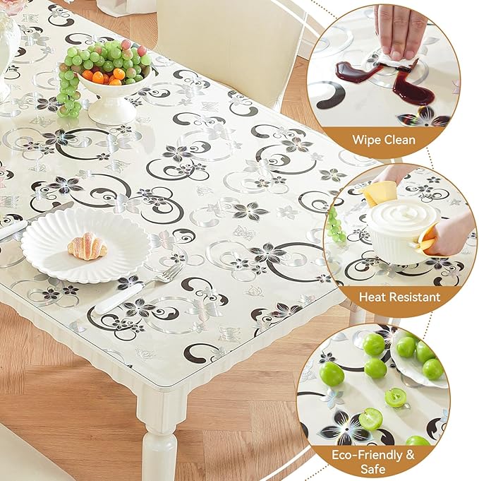 LovePads Floral Clear Table Cover Protector - 30 x 72 Inch Thick Plastic Table Cloth, Waterproof PVC Desk Mat for Dining Room Table, Wood Furniture Topper, Anti-Scratch Desk Pad for Kids Writing,