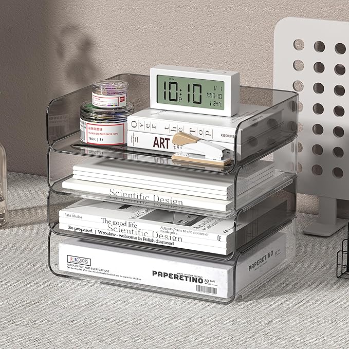 FANXIYQ 4-Tier Horizontal Acrylic Paper Tray Organizer | Clear Stackable Desk Organizer for Documents, Letters, A4 Paper | Modern Office/Classroom/Home Organization,Clear&Brown