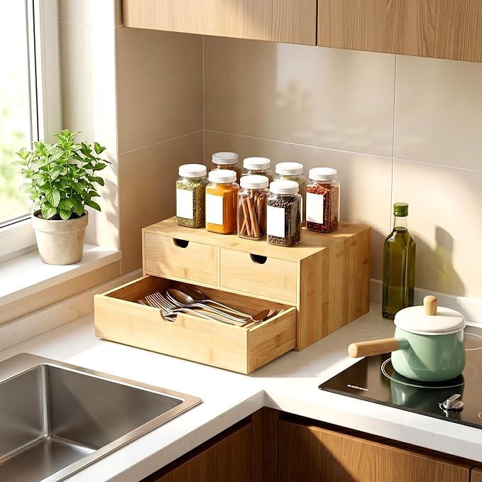 Desk Organizer with Drawers - Bamboo Desktop Organizer Storage | White-Natural Wood Desk Drawers Organizer for Bills, Office Supplies, Cosmetics, Seals No Assembly Required