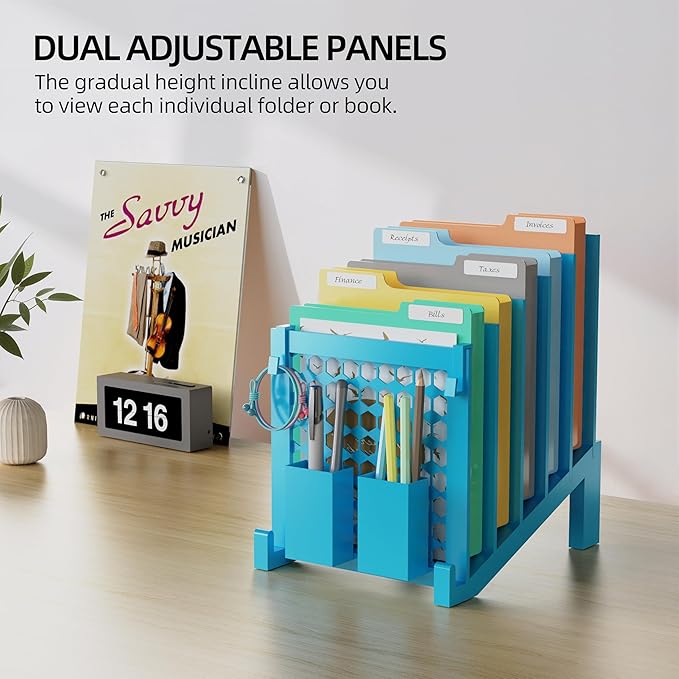 File Organizer for Desk with Storage Box & Hook, Inclined Desk File Organizer with 5-Section Vertical File Holder Suitable for Home Office Document Organization (Light Blue)