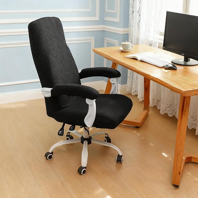 FORCHEER Large Office Chair Cover with Armrest Cover Black Jacquard Patterned Stretch Computer Chair Covers with Long Arm Rest Slipcovers Washable