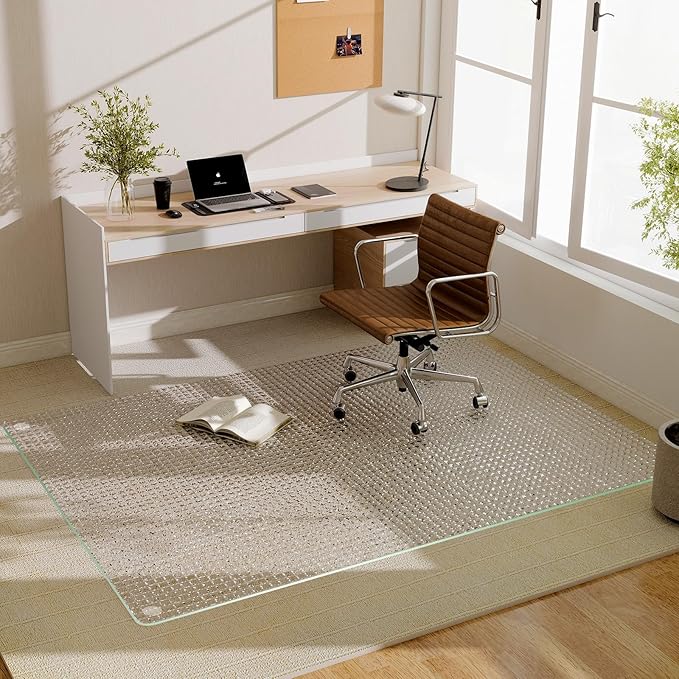 GLSLAND 46"x55" Tempered Glass Chair Mat – Checkered Patterned Heavy Duty Floor Mats Protector for Hardwood Floors & Carpet, Decorative Home and Office Desk