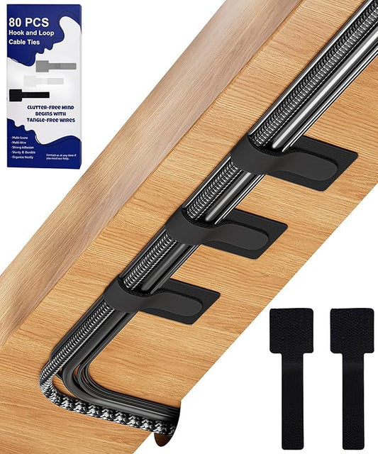 80PCS Hook and Loop Cable Ties, Under Desk Cable Management, Adhesive Cable Straps, Cord Management Hider Idea, Cord Organizer for Desk, Computer Accessories, Home Office Organization, Black