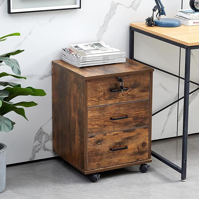 OFCASA 3 Drawer File Cabinet with Lock, Small Rolling Filing Cabinets for Home Office, Wood Under Desk File Cabinet with Wheels, Mobile Storage Organizer, Printer Stand for Letter/Legal, Rustic Brown