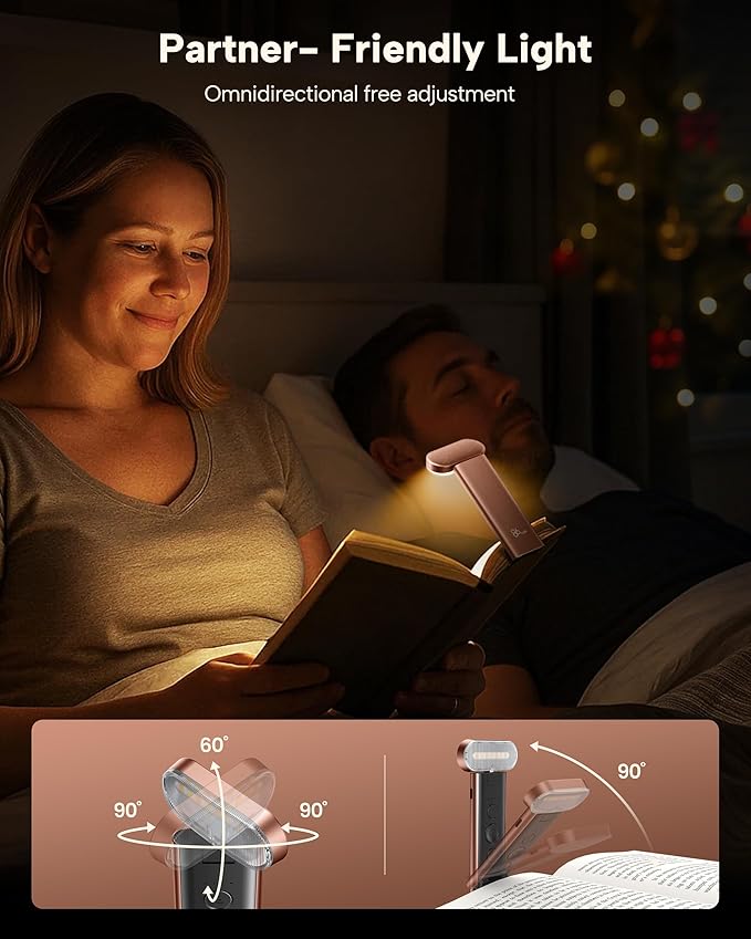 86lux Book Light, Reading Light for Book in Bed, USB Rechargeable LED Night Light with 3 Colors & Stepless Dimming, Aluminum Alloy Bookmark Light for Book Lovers, Rose Gold