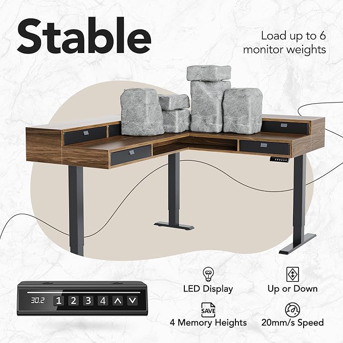 HUANUO Electric L Shaped Standing Desk with 6 Storage Drawers & File Cabinet, 2-Tier Corner Sit Stand Desk with Cable Management Tray, 84.5" × 58" Height Adjustable Computer Gaming Table, Walnut